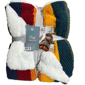Cozy Throw Blanket Multi-Color Striped Sherpa Fleece 50x60 New